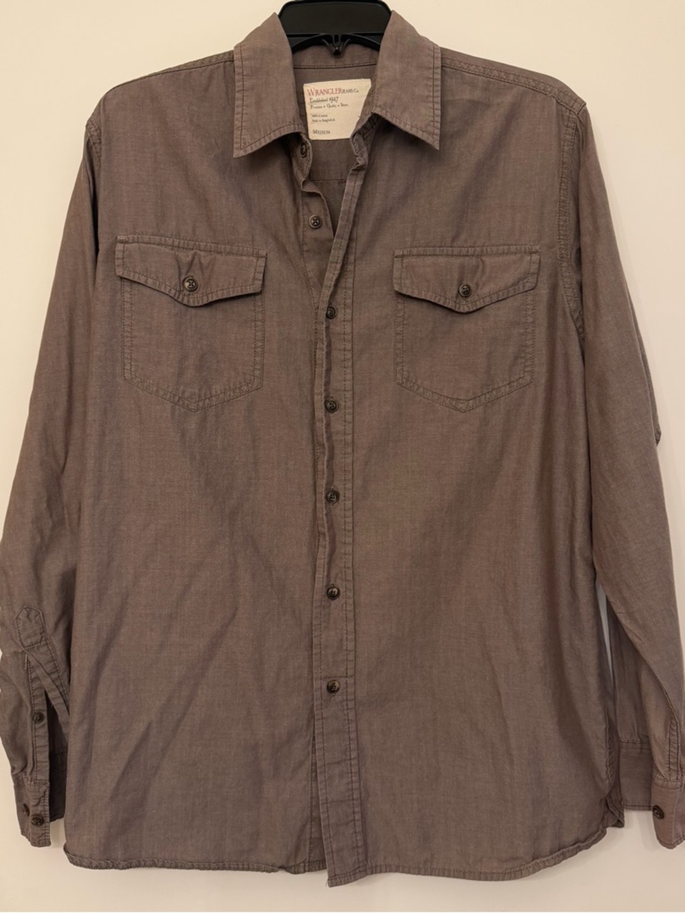 Wrangler Jeans Co Shirt Men’s Medium Brown Long Sleeve Button Up 100% Cotton